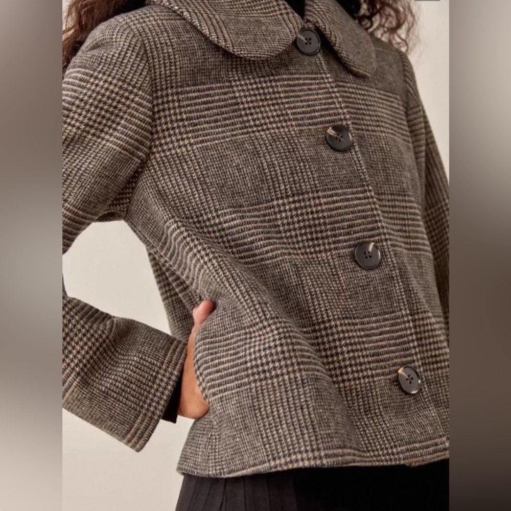New Reformation Dillon Wool Jacket in Brown Plaid - Picture 3 of 11